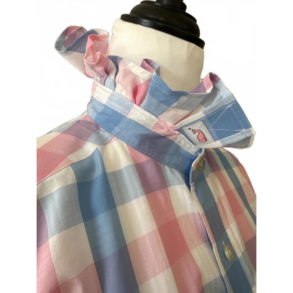 Upcycled Vineyard Vines Pastel Pink and Blue Plaid Button-Up with Ruffled Collar - Picture 4 of 8